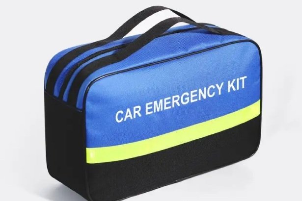 Compact car emergency kit with reflective stripe, essential safety gear for roadside emergencies.