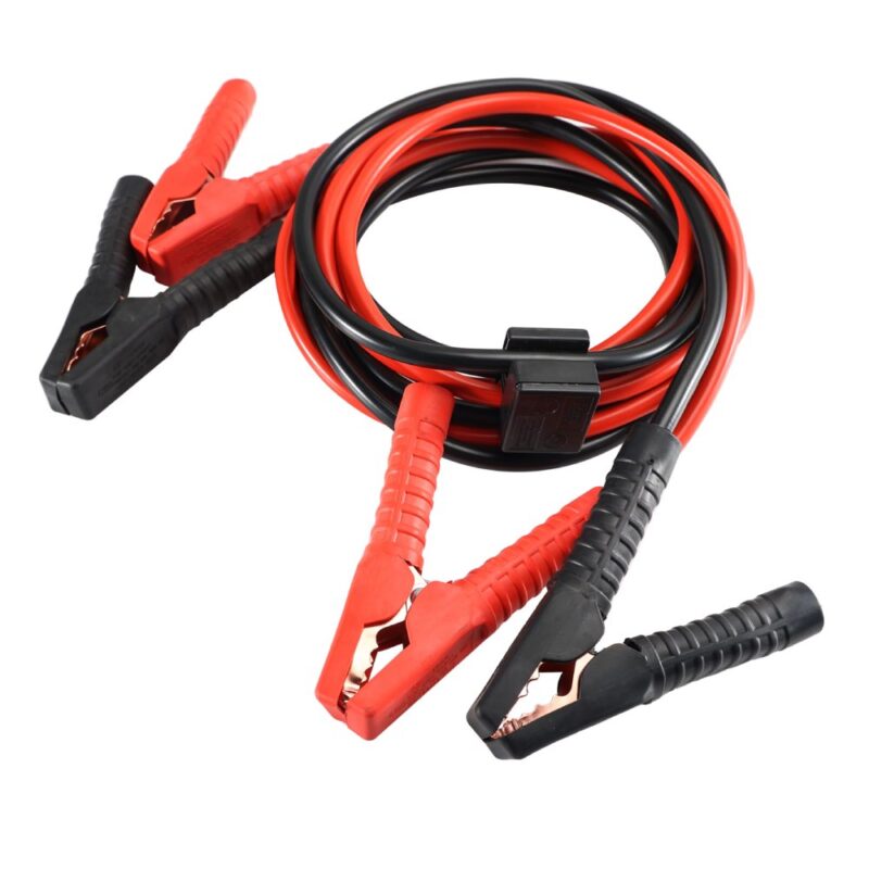 Full set of battery jumper cables with red and black clamps for automotive emergency use