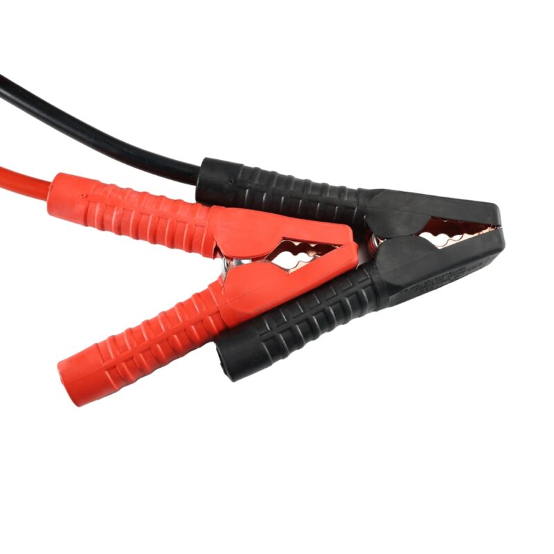 Close-up of strong grip clamps on battery jumper cables with insulated handles