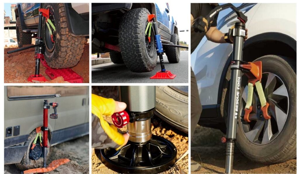Hydraulic jacks in action across five outdoor rescue and vehicle lifting scenarios, showcasing off-road, emergency, and recovery applications