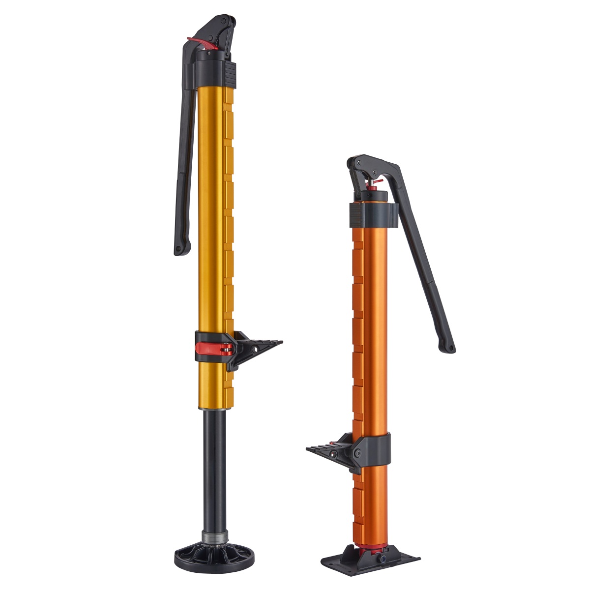 Two multifunctional jacks shown in extended and folded positions with round and square bases