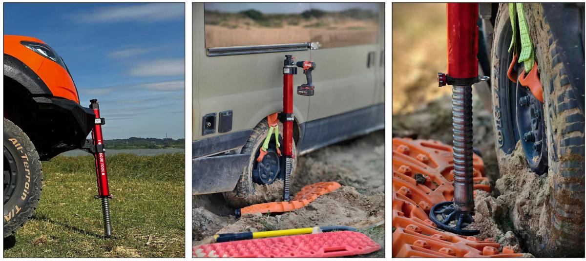 External Power Farmer Jack used for off-road vehicle recovery in muddy terrain