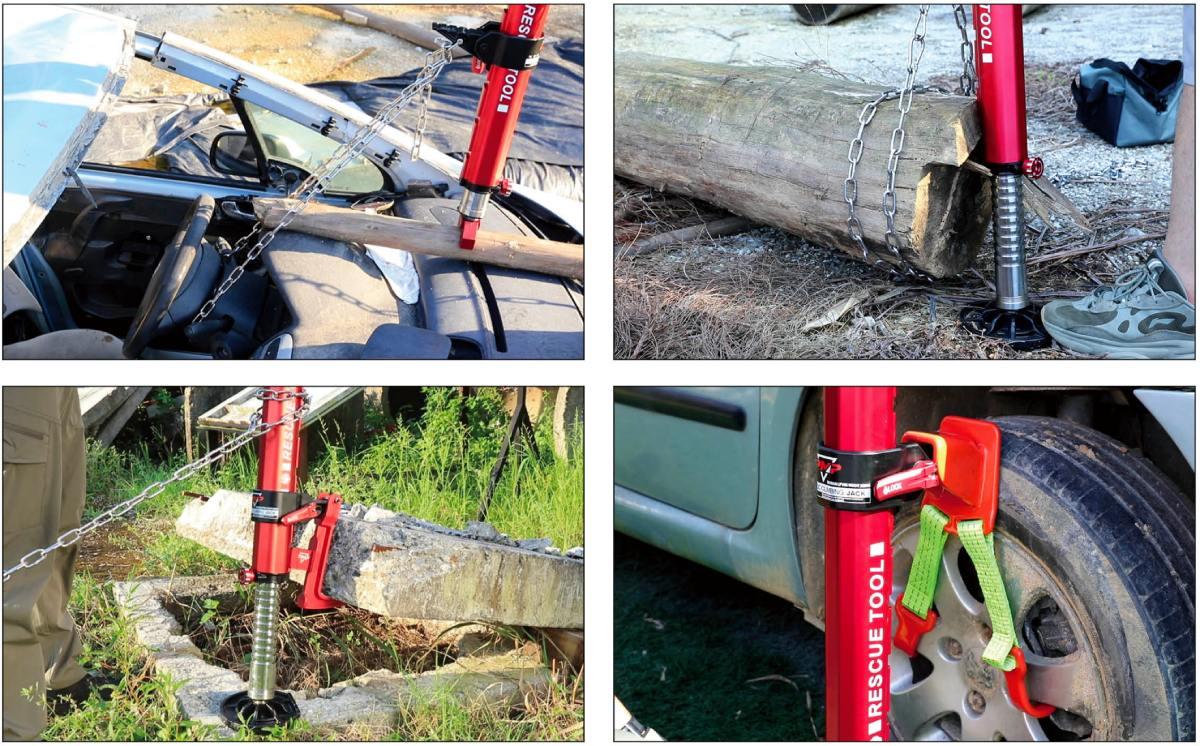 Multiple rescue scenarios using External Power Farmer Jack for lifting vehicles and debris