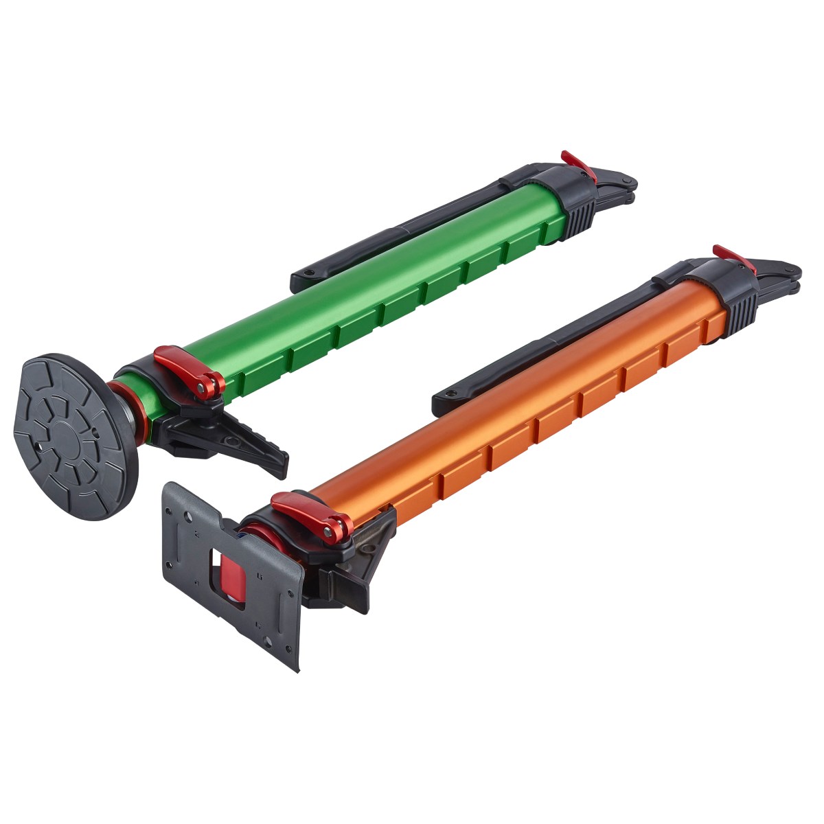 Folded aluminum off-road recovery jacks in green and orange, showing base and mounting details