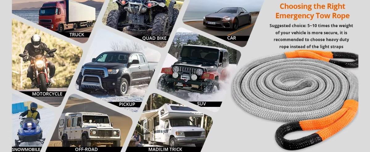 Heavy duty tow rope usage scenarios for trucks, SUVs, motorcycles, snowmobiles, and off-road recovery