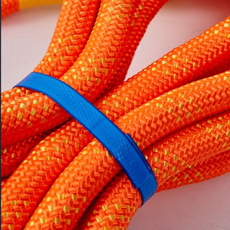 Close-up view of heavy duty orange braided tow strap for 4x4 recovery