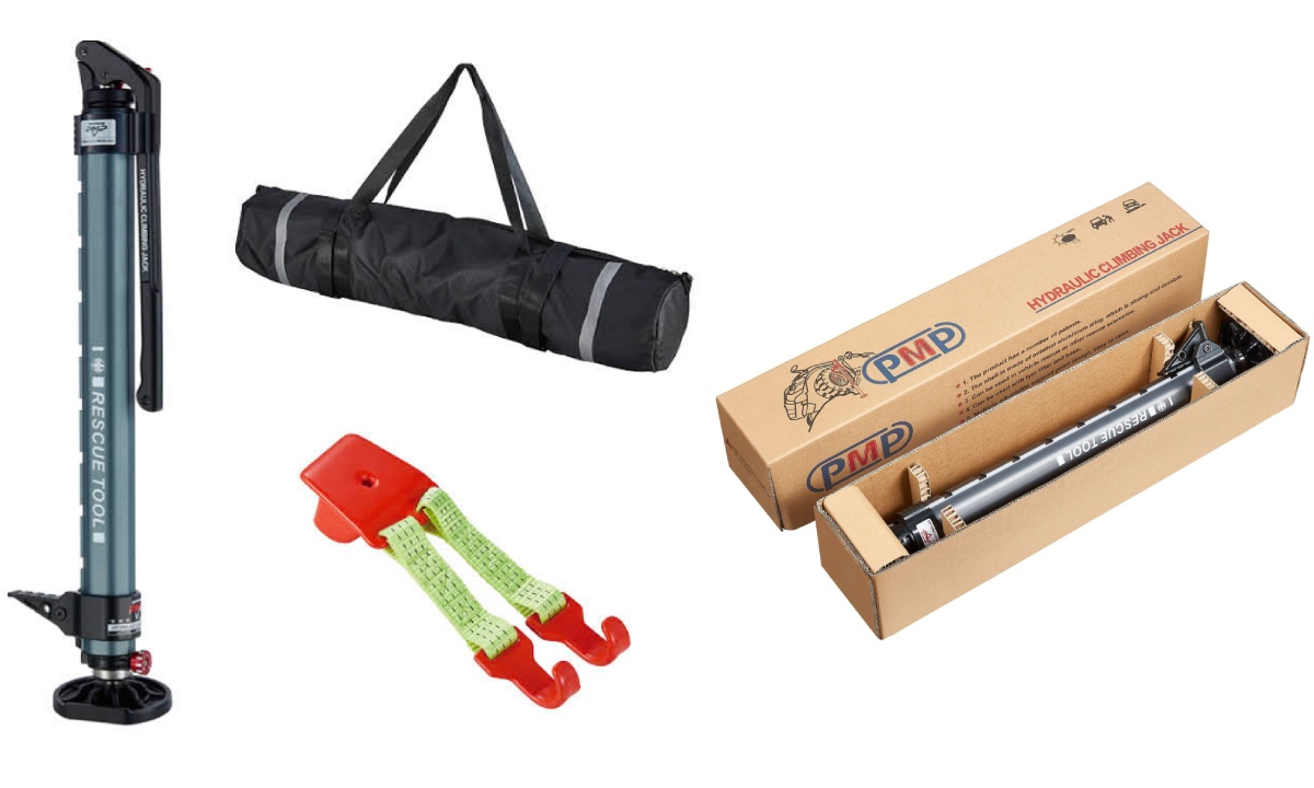 Complete hydraulic jack kit with bag, hook and strap