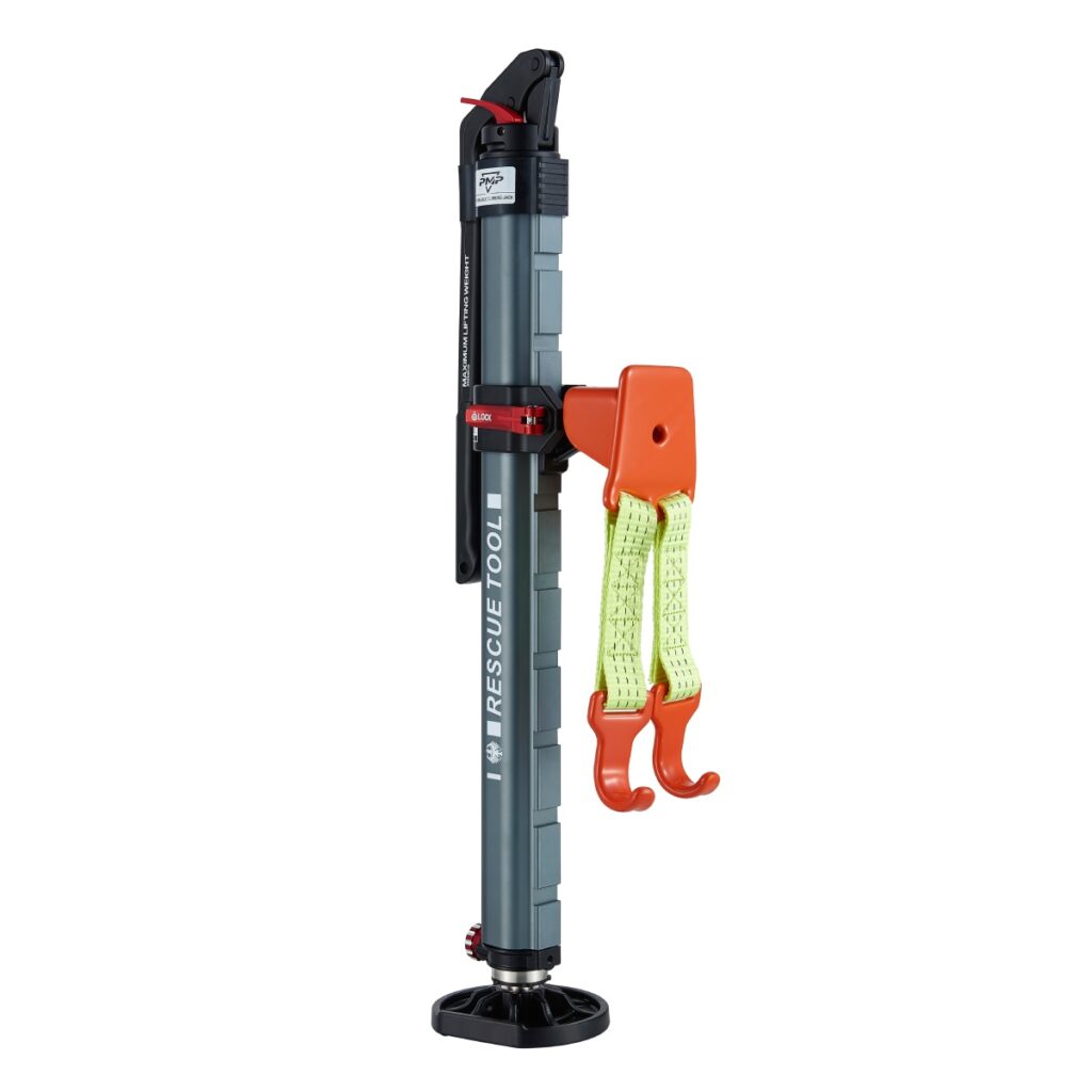 Hydraulic climbing jack with orange hook and strap accessory
