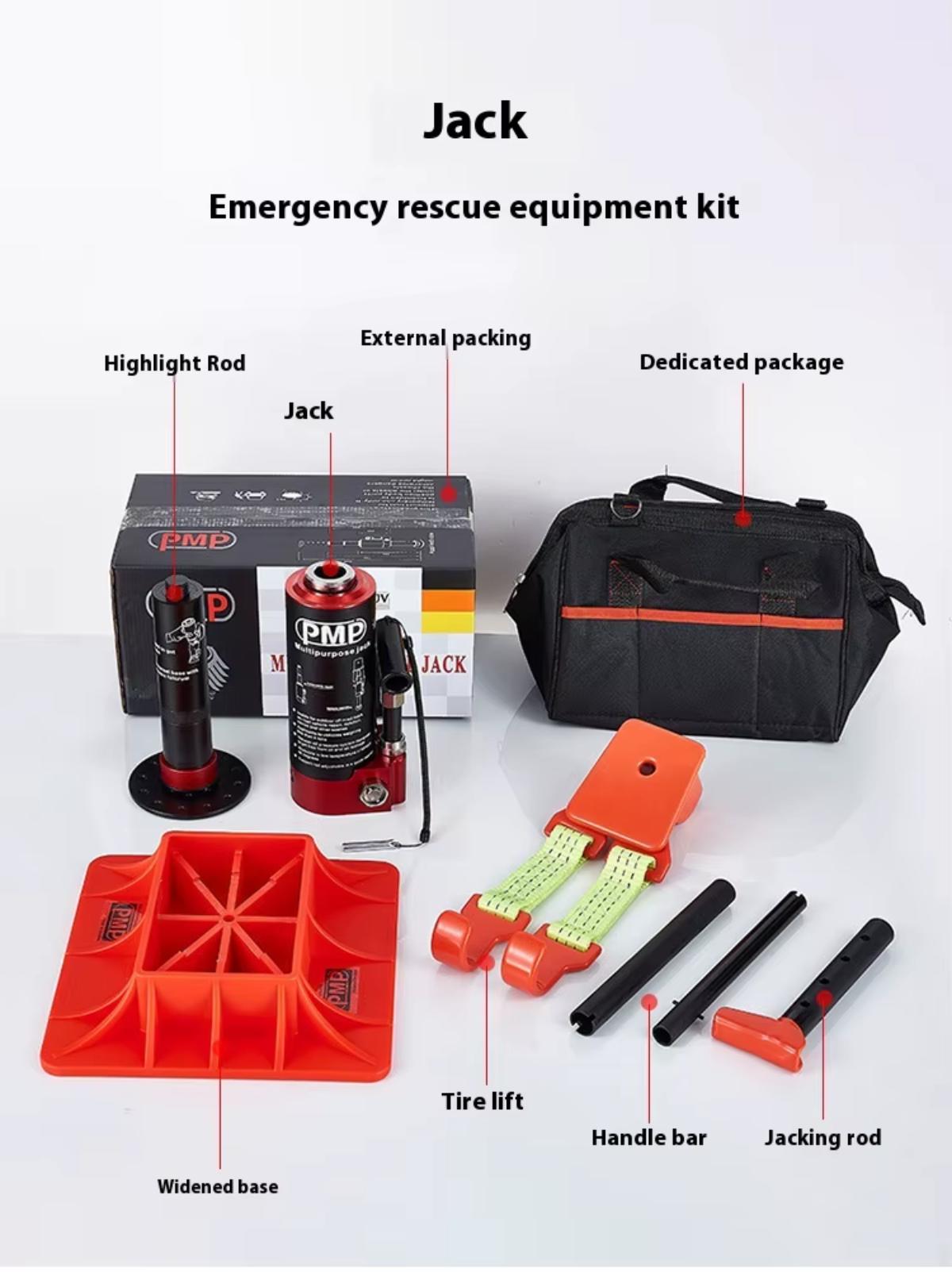 Complete PMP emergency jack kit with accessories including widened base, tire lift, and carry bag