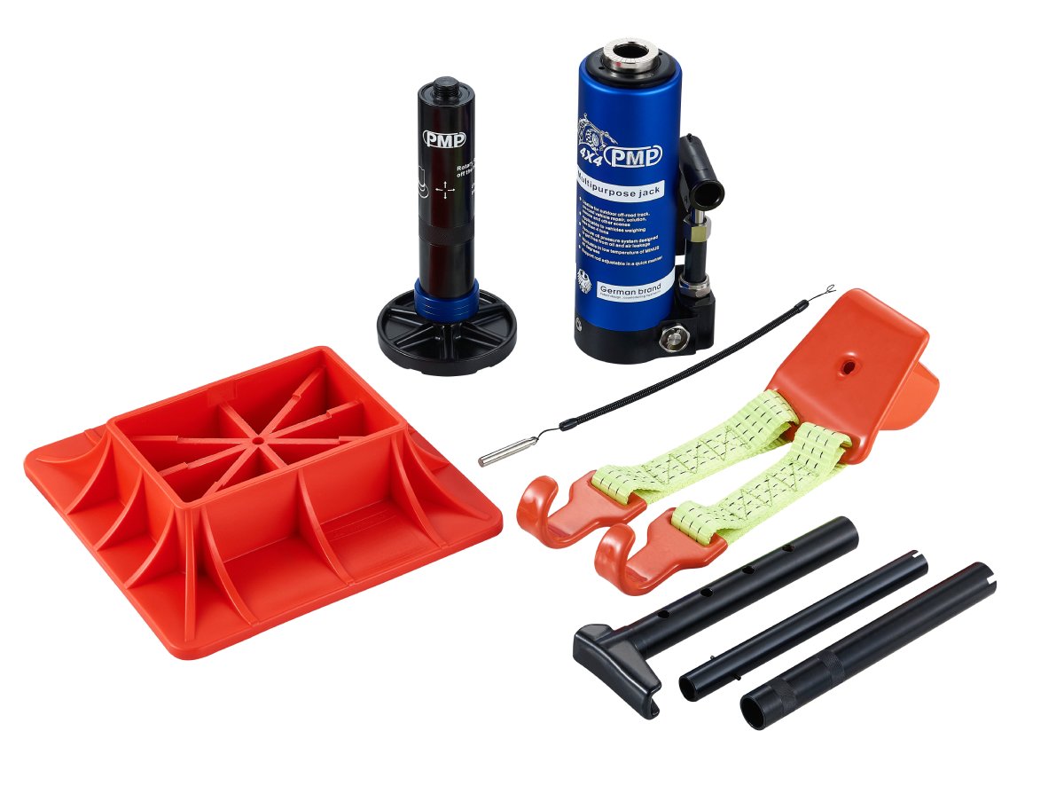 Laid-out accessories of PMP Multipurpose Jack including base, hooks, and rods