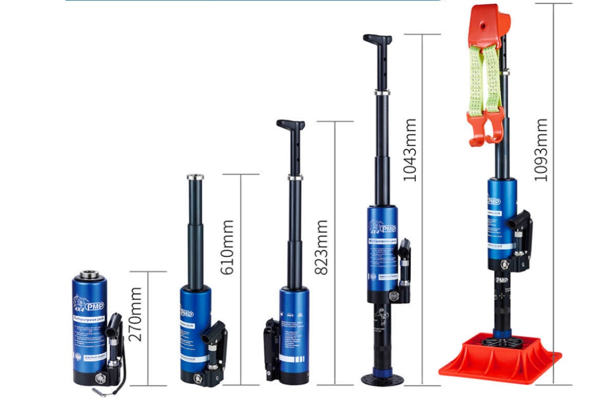 Height comparison chart of PMP Multipurpose Jack in five extended stages