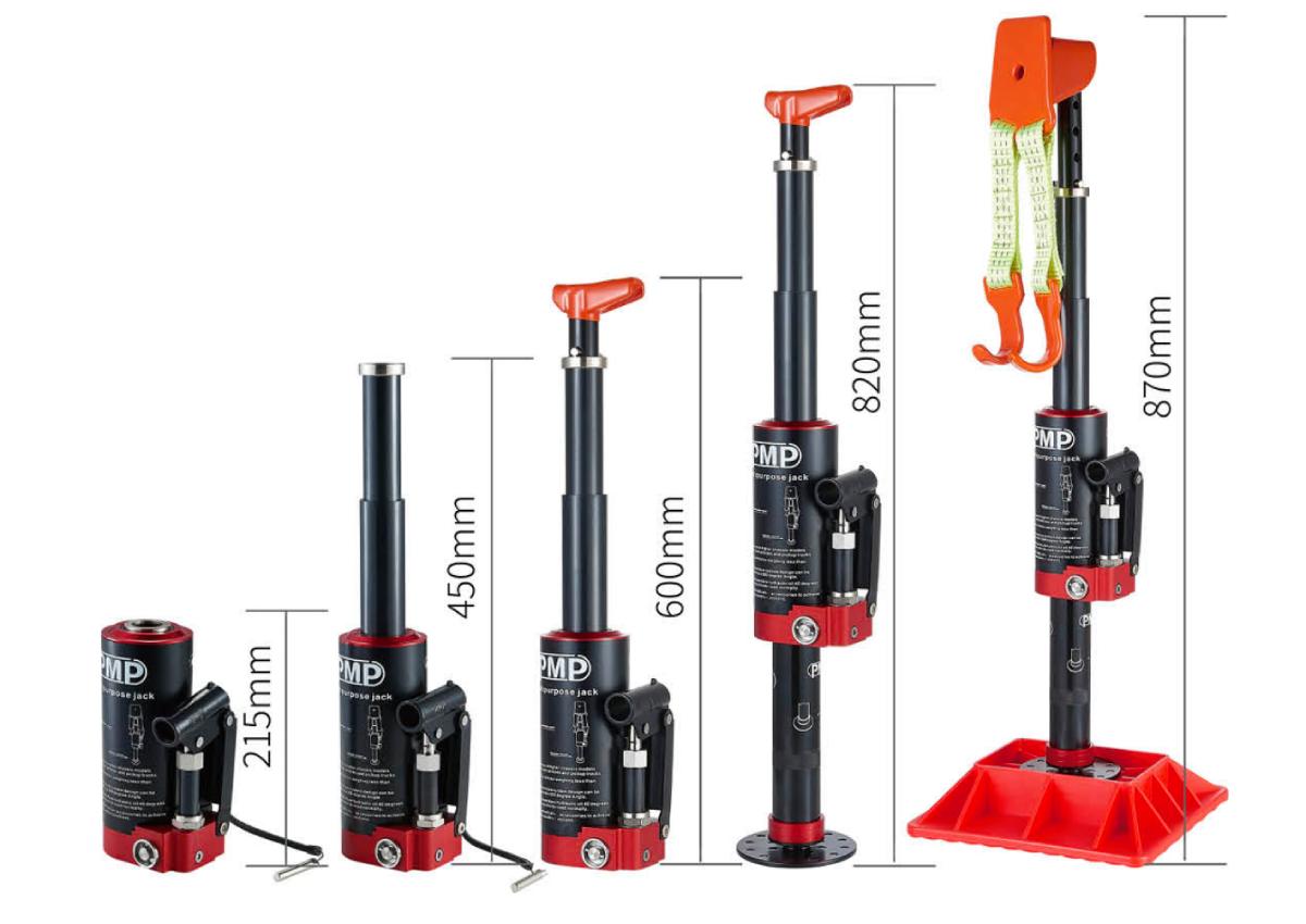 Height comparison of five PMP multipurpose jack configurations from 215mm to 870mm