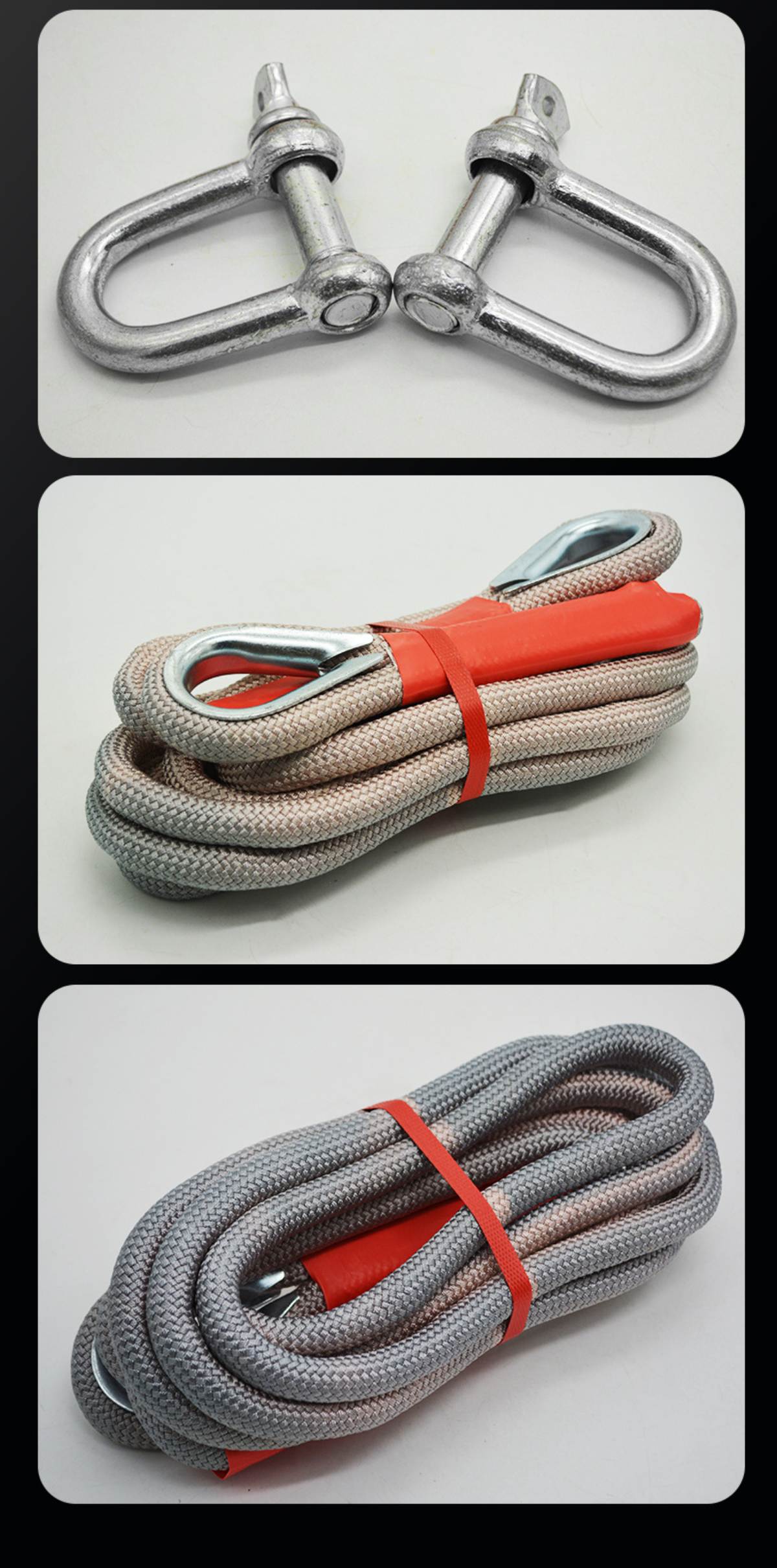Beige and grey heavy duty tow rope with metal hooks for vehicle recovery and towing