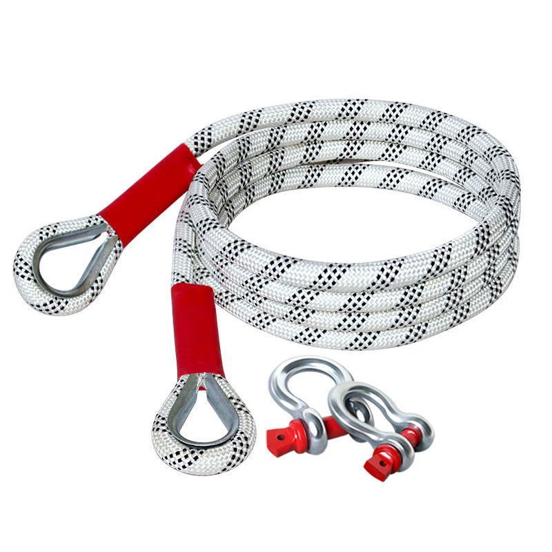 Standard 4WD Recovery Strap in white with black pattern, heavy-duty towing rope with red-protected loops and metal shackles