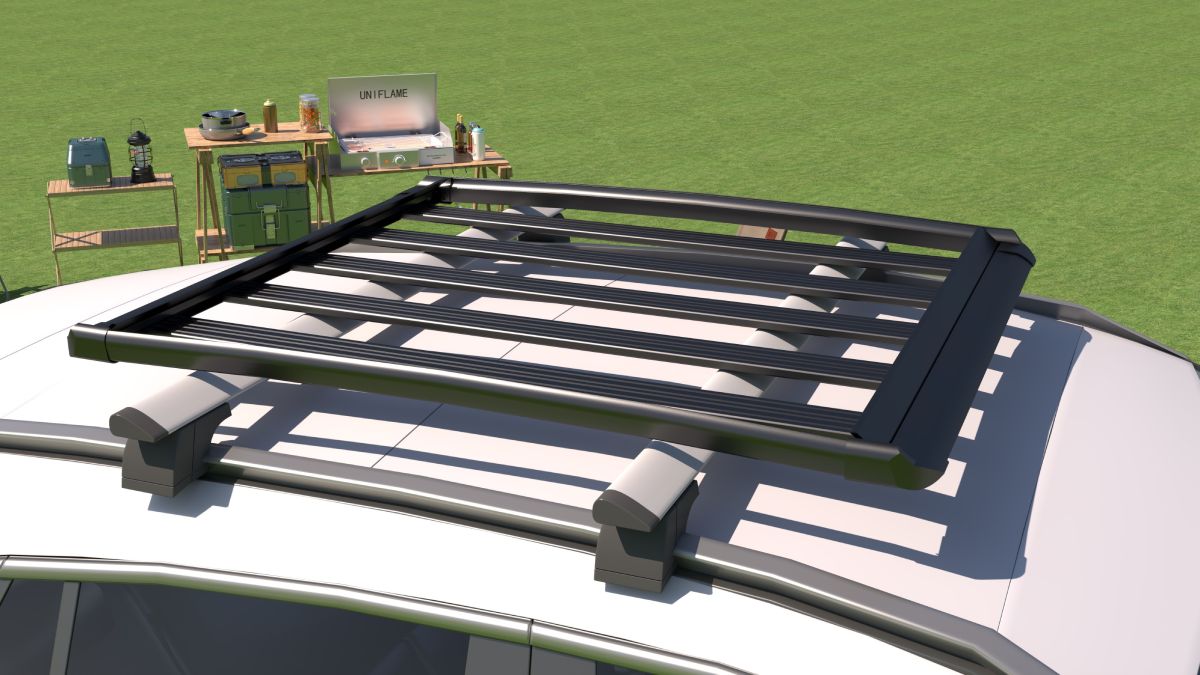 Compact luggage roof rack securely mounted on SUV roof for outdoor travel