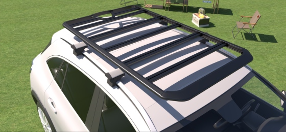 Aerodynamic aluminum roof rack platform mounted on SUV for camping and outdoor gear transport. Universal Roof Rack Cargo Basket for SUV Car Top Luggage Carrier.