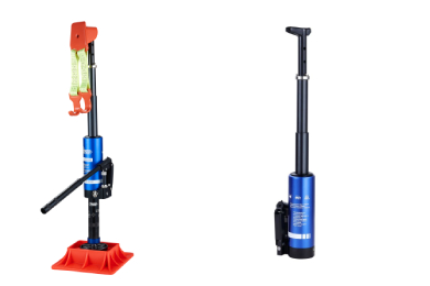 Desert edition hydraulic jacks with compact blue body and red tactical base for 4x4 recovery.