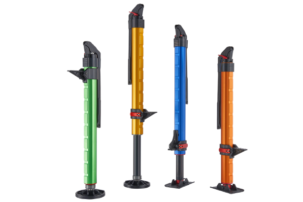 Budget-friendly high-lift hydraulic jacks in green, gold, blue, and orange for off-road lifting.