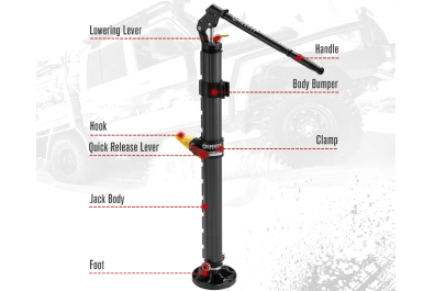 Hydraulic jack with customizable parts including handle, hook, clamp, and body