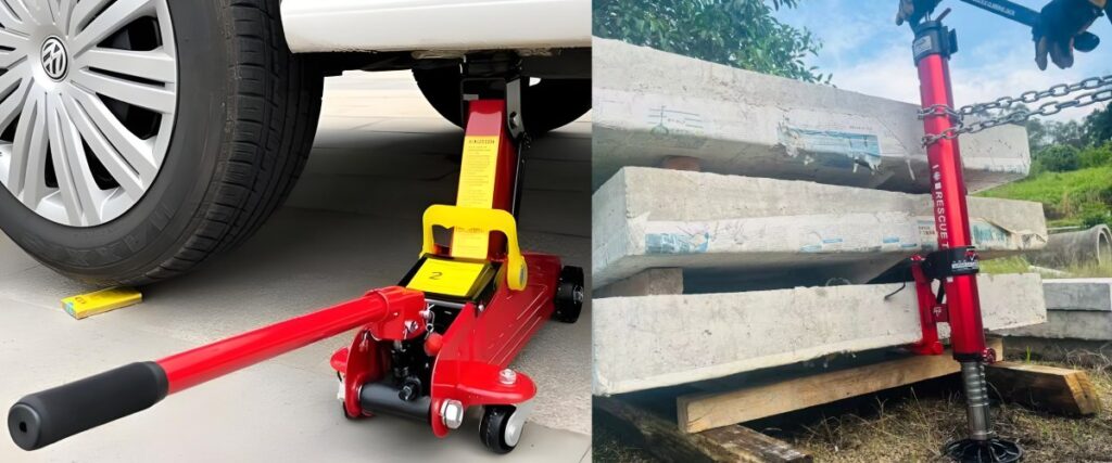 Traditional floor jack compared to heavy-duty hydraulic off-road jack lifting concrete blocks